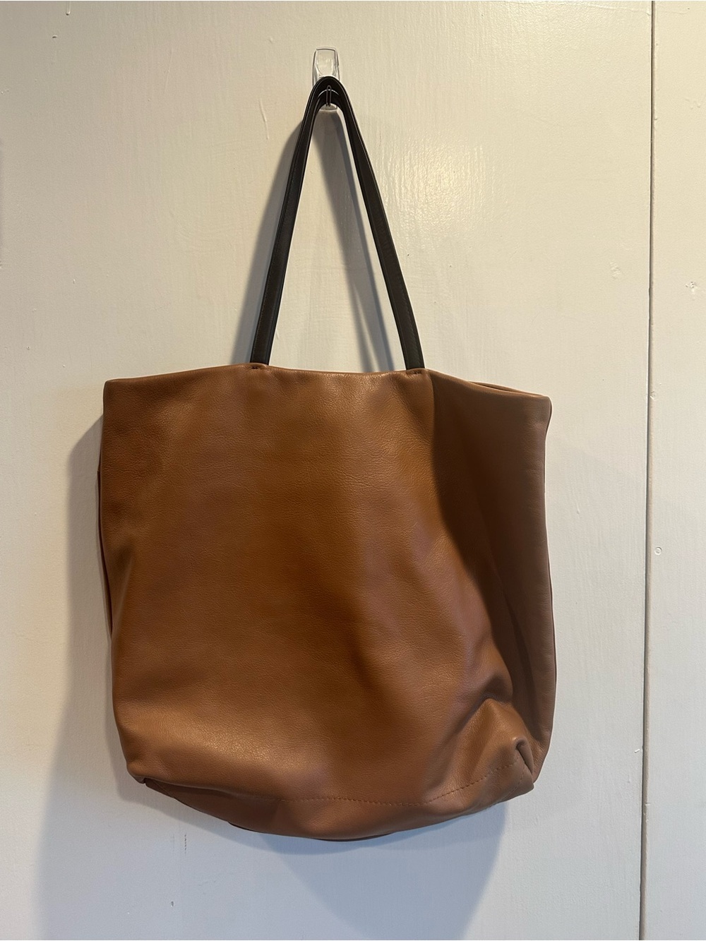 Reversible Large Tan and Black Leather Tote with Black Straps